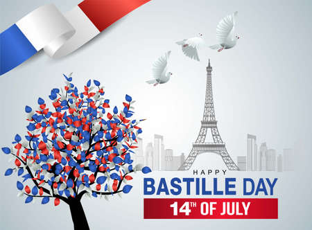 Vector - 14th of July Happy bastille Day French flag and pigeon flying on white backgroundのイラスト素材