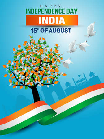 India flag with tree and flying pigeon. vector illustration of 15th August India Happy Independence...