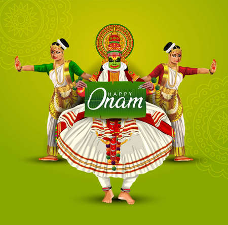 happy onam with kathakali holding banana leaf on hand, use for poster, leaflet , banner