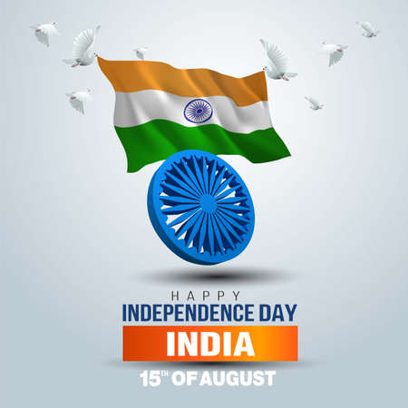 happy independence day India. 3d Ashoka chakra and Indian flag with flying pigeon. vector...