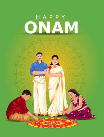happy onam greetings vector illustration. illustration of kids making pookalam for a familyのイラスト素材