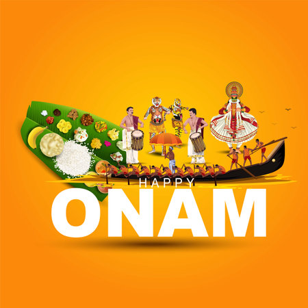 south Indian Kerala festival happy onam greetings with artforms background. vector illustration designのイラスト素材
