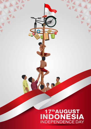 17th august Indonesia independence day background. Indonesia traditional special games during independence day, children climbed the areca nut. vector illustration.のイラスト素材