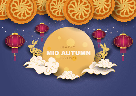 happy Mid Autumn Festival Greeting illustration in traditional Chinese art design, with lantern and moonのイラスト素材
