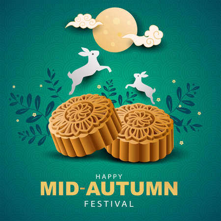happy Mid Autumn Festival Greeting vector illustration in traditional Chinese art design with moon cake.のイラスト素材