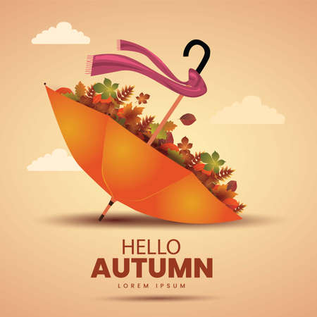 Hello Autumn. Autumn vector illustration background with orange color umbrellaのイラスト素材