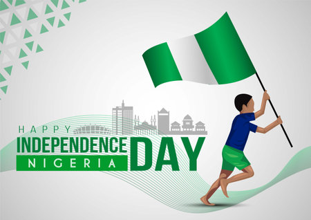 1st October Nigeria Independence Day template. boy running with flag. vector illustrationのイラスト素材