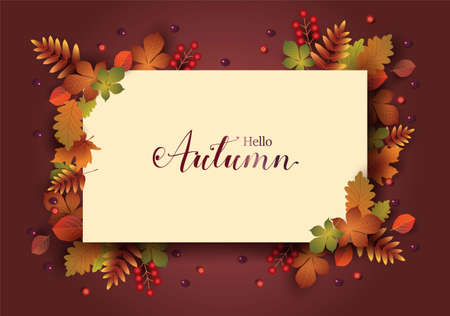 Autumn stylish background decorate with leaves and fruits. shopping sale web banner. Vector illustration poster template design.のイラスト素材