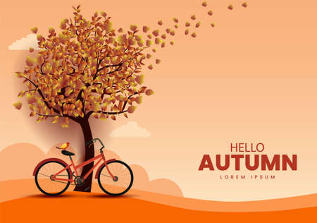 hello Autumn stylish background decorate with leaves and tree. web banner. Vector illustration poster template design.のイラスト素材