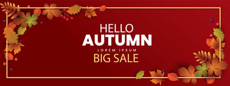 hello Autumn stylish background decorate with leaves and fruits. web banner. Vector illustration poster template design.のイラスト素材