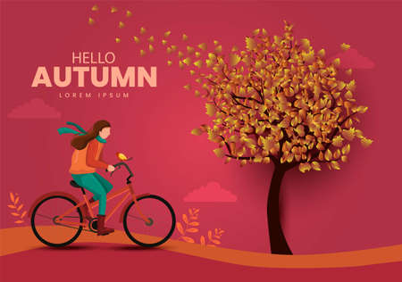 hello Autumn stylish background decorate with leaves and tree. web banner. Vector illustration poster template design.のイラスト素材