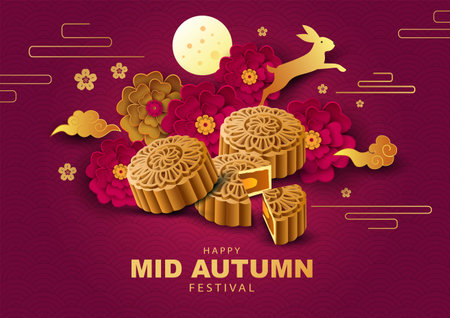 happy Mid Autumn Festival Greeting illustration in traditional Chinese art design, with flowers, moon cake and pattern.のイラスト素材