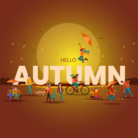 Vector illustration of horizontal banner of hello autumn landscape cartoon characters and maple trees fallen with dark brown background.のイラスト素材
