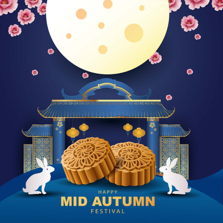happy Mid Autumn Festival Greeting illustration in traditional Chinese art design, with flowers and pattern.のイラスト素材