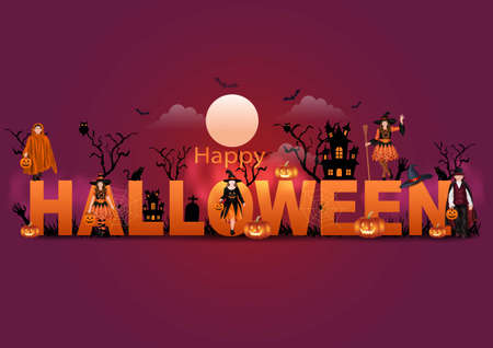 Kids walking on Halloween trick or treat. Halloween costumes with candy bags. Child costume. vector illustration designのイラスト素材