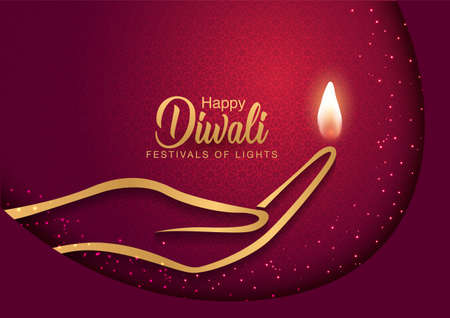 Indian festival Happy Diwali with red Background, Diwali celebration greeting card, vector illustration design.のイラスト素材