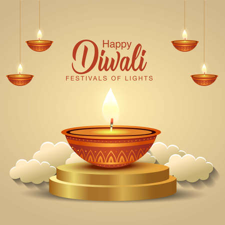 happy Diwali greetings. golden lamp hanging and golden platform background .vector illustration designのイラスト素材