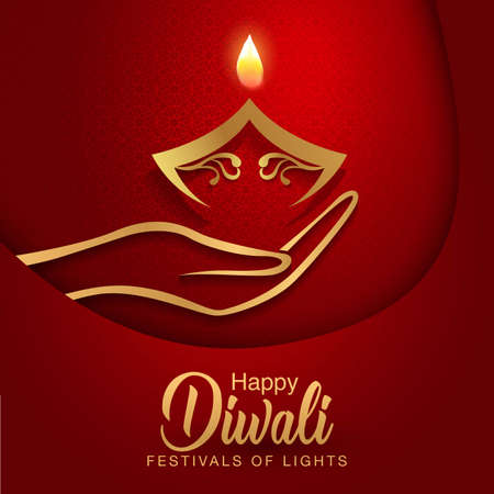 Indian festival Happy Diwali with red Background, Diwali celebration greeting card, vector illustration design.のイラスト素材