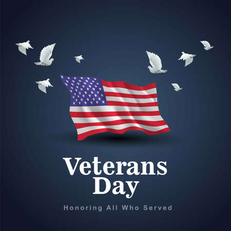 happy veterans day USA. 3d flag with flying pigeon. vector illustration designのイラスト素材