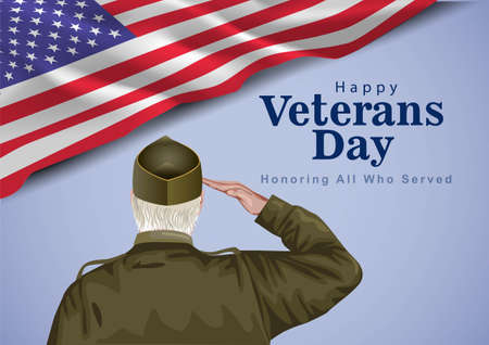 happy veterans day USA. American old soldier saluting with flag. vector illustration designのイラスト素材
