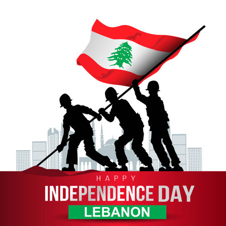 happy independence day. vector illustration of Lebanon soldier with flag . poster, banner , template designのイラスト素材