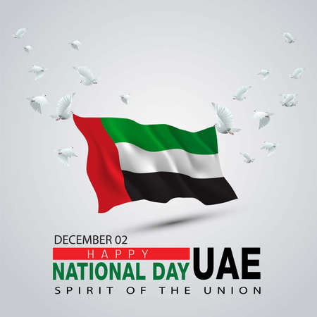 happy national day UAE. 3d flag with flying pigeon. vector illustration designのイラスト素材