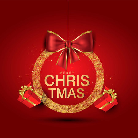 Merry Christmas background. Christmas golden ring with gift boxes . wed banner Vector illustration designのイラスト素材