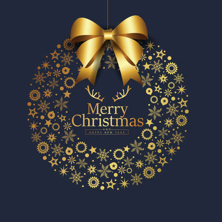merry Christmas greetings. round pattern with golden ribbon. vector illustration designのイラスト素材