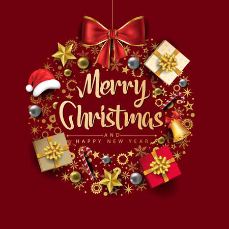 merry Christmas greetings. round pattern with golden ribbon. vector illustration designのイラスト素材