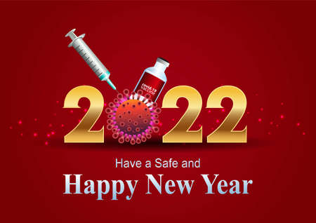happy new year 2022 golden letter with red background. covid-19, corona virus conceptのイラスト素材