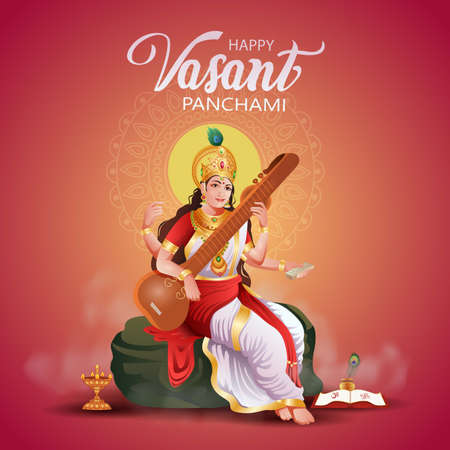 Sarasvati for happy Vasant Panchami Puja of India. poster, banner, flyer vector illustration designのイラスト素材