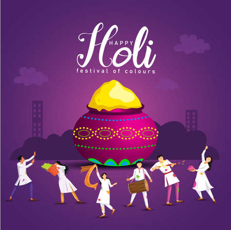 happy Holi. Cartoon Young people Playing Holi On White costume . vector illustration designのイラスト素材
