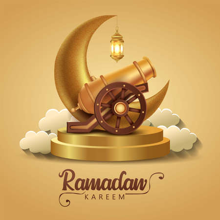 Eid Mubarak and Ramadan Kareem greetings. golden lantern hanging and half moon with golden archery background .vector illustration designのイラスト素材