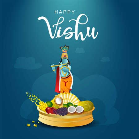 Happy Vishu greetings. April 14 Kerala festival with Vishu Kani, vishu flower Fruits and vegetables in a bronze vessel. vector illustration design (Malayalam translation: happy vishu)のイラスト素材