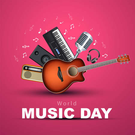 happy world music day and musical instruments with pink background. vector illustration designのイラスト素材
