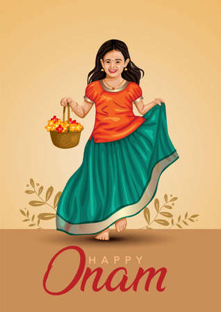 happy Onam celebration with vector illustration design of Kerala girl running with basket flowerのイラスト素材