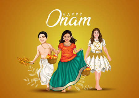 happy Onam celebration with vector illustration design of Kerala girl and boy running with basket flowerのイラスト素材