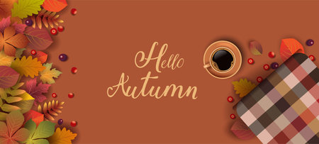 hello autumn background. autumn leaves and coffee cup with knitted. vector illustration designのイラスト素材
