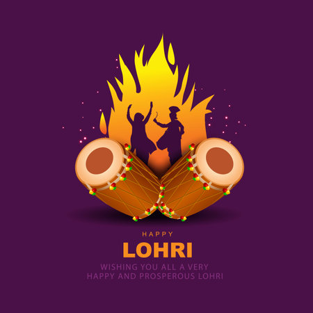 Happy Lohri festival of Punjab India background. cople people playing lohri dance. vector illustration banner designのイラスト素材