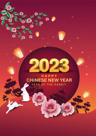 Happy Chinese new year 2023 year of the rabbit zodiac sign with flower 3d letter. abstract vector illustration design (Translation : Happy new year)のイラスト素材