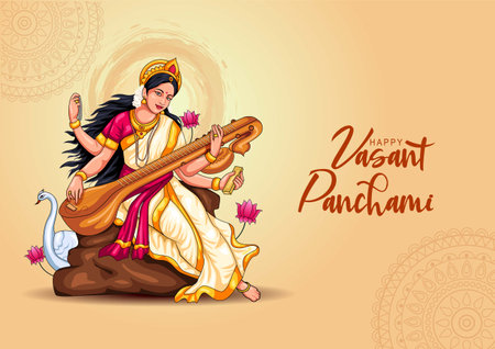 Sarasvati for happy Vasant Panchami Puja of India. poster, banner, flyer vector illustration designのイラスト素材