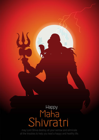 happy maha Shivratri with trisulam, a Hindu festival celebrated of lord shiva night, english calligraphy. vector illustration designのイラスト素材