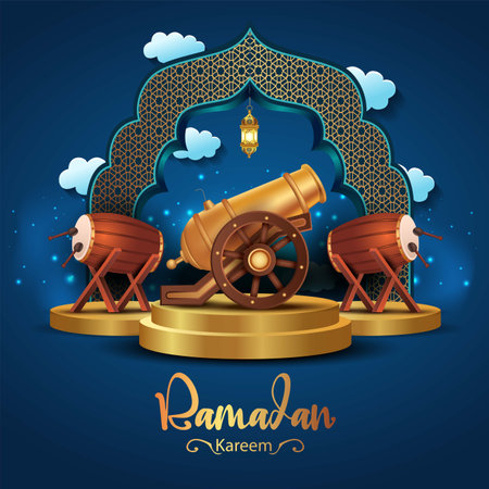 Eid Mubarak and Ramadan Kareem greetings. golden cannon and drum background .abstract vector illustration designのイラスト素材