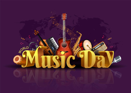 happy world music day event and musical instruments with light background. abstract vector illustration designのイラスト素材