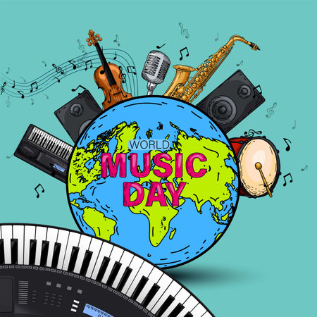 happy world music day and musical instruments with blue background. vector illustration designのイラスト素材