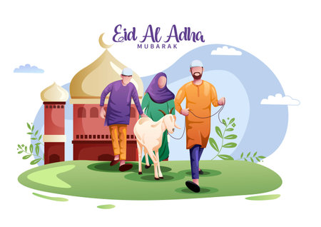 vector illustration of people celebrating eid al adha of Islam religious holiday festival Eid Mubarakのイラスト素材