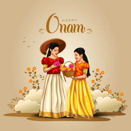 happy Onam celebration with vector illustration design of Kerala girls with basket flowerのイラスト素材