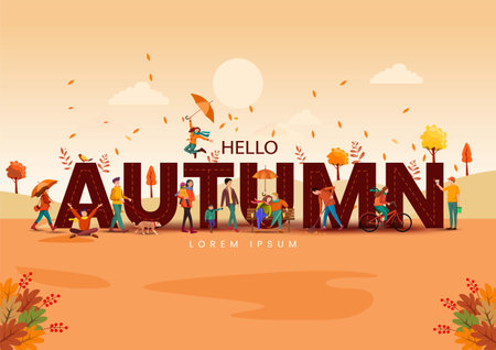 Vector illustration of horizontal banner of hello autumn landscape cartoon characters and maple trees fallen with dark brown background.のイラスト素材