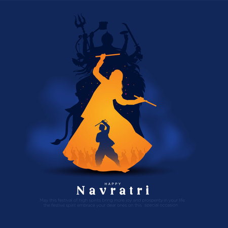 Garba Night poster for Navratri Dussehra festival of India. vector illustration design of peoples playing Dandiya dance.のイラスト素材