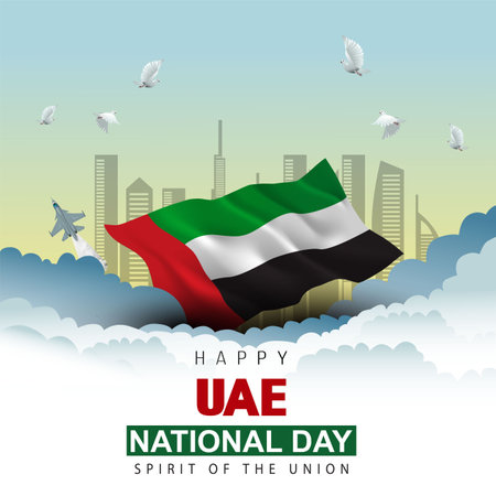 happy national day UAE. 3d flag with flying pigeon. vector illustration designのイラスト素材